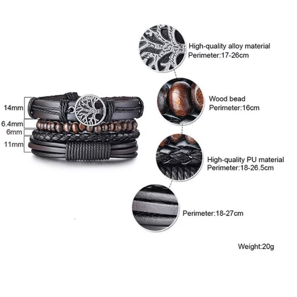 Boho Leather Bracelets 4 Piece Tree of Life Black and Brown OS NEW - Picture 5 of 6